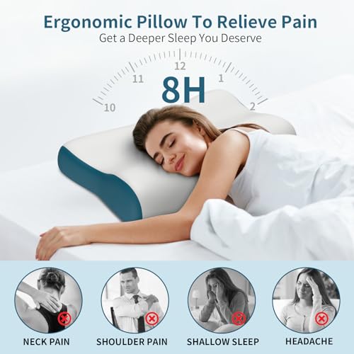 Neck Pillow Contour Memory Foam Pillows for Pain Relief Bed Pillow for Sleeping (Grey&blue)