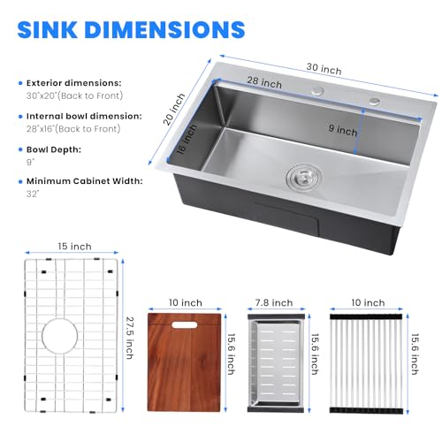 30 x 20 Inch Kitchen Sink (L 30"×W 20"×H 9")