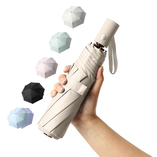 Small Compact Travel Umbrella with UV Protection for Sun & Rain (D-1-Beige)