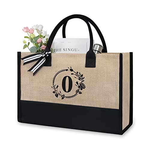 Initial Jute Canvas Tote Bag (Black & Brown / Wreath O)