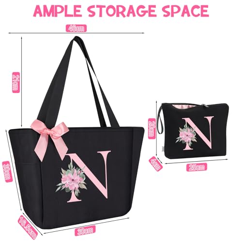 Tote Bag, A-Z Initial Monogrammed Waterproof Tote Bag, Bridesmaid Gifts for Women, Black and Pink (N, Black Set) (Black Set)