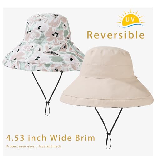 Womens Sun Hats Wide Brim Reversible Bucket Cotton Hat Packable Summer Travel Cap with Hat Clip (Medium / Beige)