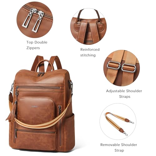 Vegan Leather Laptop Backpack for Women 15.6 inch Work Backpack Fashion Travel Backpack Purse for Business College (Crazy Horse Brown02)