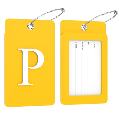 2 Pack Initial Luggage Tags for Suitcases Airplane Travel Essentials (Large P / Yellow)