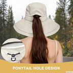 Sun Hats for Women Wide Brim Ponytail UV Protection Beach Hat Packable Waterproof Bucket Hat for Travel Hiking Gardening (Beige)