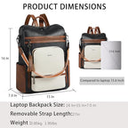 Vegan Leather Laptop Backpack for Women 15.6 inch Work Backpack Fashion Travel Backpack Purse for Business College (Black With Brown and White)
