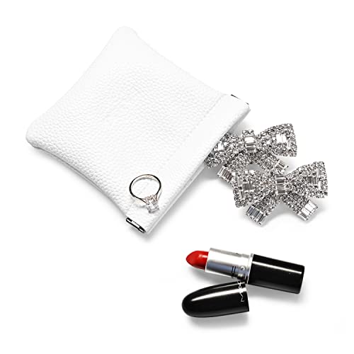 White PU Leather Jewelry Pouch Portable Travel Jewelry Storage Bag (White / 3.54"x3.54")