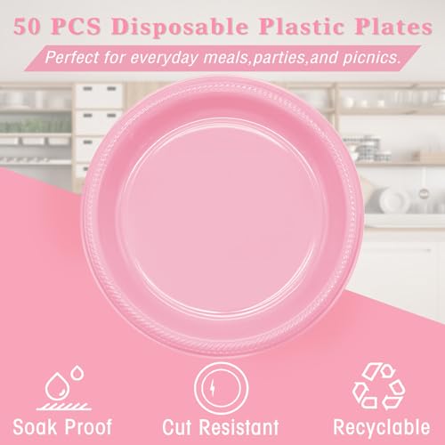 50 Pcs 10 Inch Pink Plastic Plates (Pink / 50 Pcs)