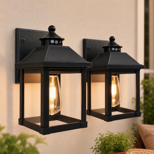 Solar Wall Lights Outdoor Dusk to Dawn Solar Sconces with Motion Sensor (Black 2 pack)