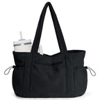 Oversize Work Tote Bag for Women with 40oz Cup Holder Corduroy Laptop Tote Teacher Nurse Bag for Office College Travel Black (Black)