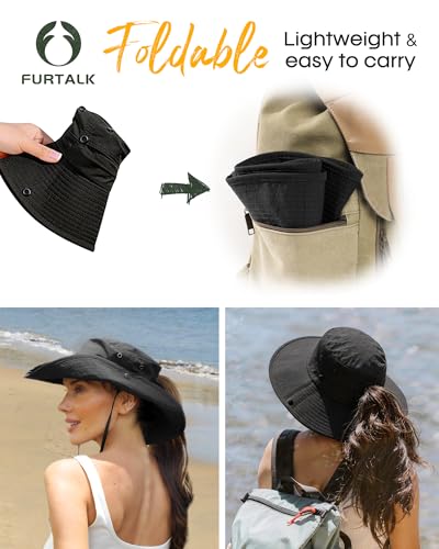 Sun Hats for Women Ponytail Wide Brim Summer Packable Cowboy Hat (One Size / Pure Black)