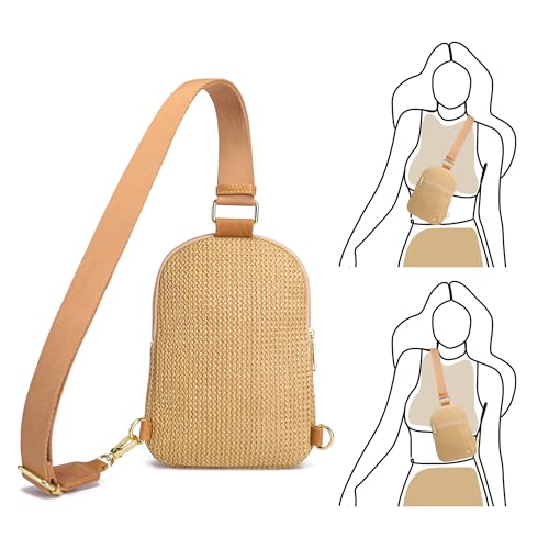 Faux Straw Crossbody Bags for Women Small RFID Summer Sling Bag (Pure Khaki Thin)