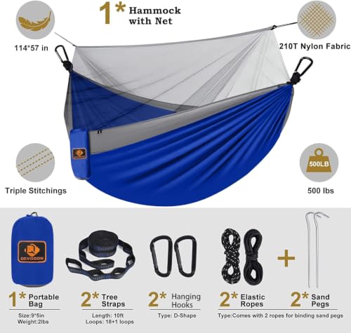 Camping Hammock with Net (Blue & Grey / X-Large)