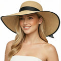 Womens Bowknot Straw Hat Foldable Beach Sun Hat Roll up UPF 54+ (Ac Khaki 5.9" Brim, 1 Pack)
