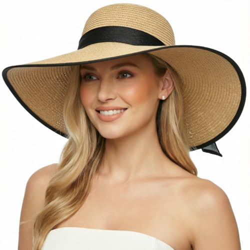 Womens Bowknot Straw Hat Foldable Beach Sun Hat Roll up UPF 54+ (Ac Khaki 5.9" Brim, 1 Pack)
