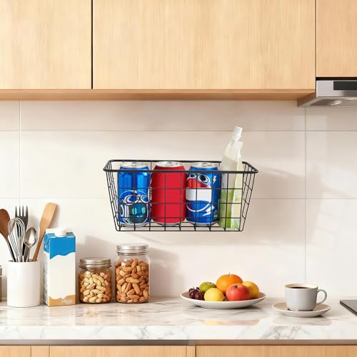 3 Set LeleCAT Adhesive Over the Cabinet Door Wire Baskets for Organizing for Kitchen Food Pantry Bathroom Shelf Storage No Drilling Wall Mounted (Black / 3 PACK)