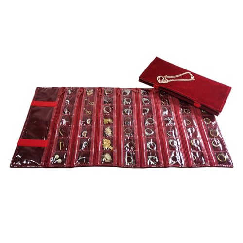 Travel Jewelry Roll Bag Portable Organizer Pouch With Grids&PVC Cover Storage Bags for Necklace (Burgundy Velvet 56 Grids)