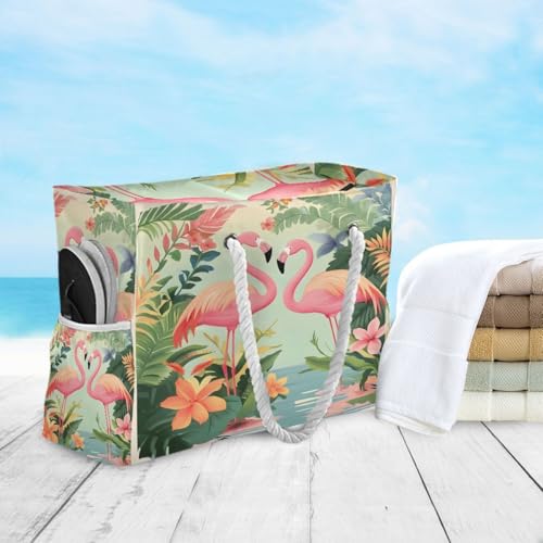Large Beach Bags Totes Canvas Tote Shoulder Bag Soft Wave Water Resistant Bags for Gym Travel Daily Ocean (Pink Flamingo)