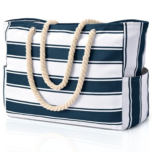 Beach Bags for Women Large Waterproof Beach Tote Bag Zipper Beach Bags Waterproof Sandproof Swim Pool Bag Large Tote (Dark Blue Stripe)