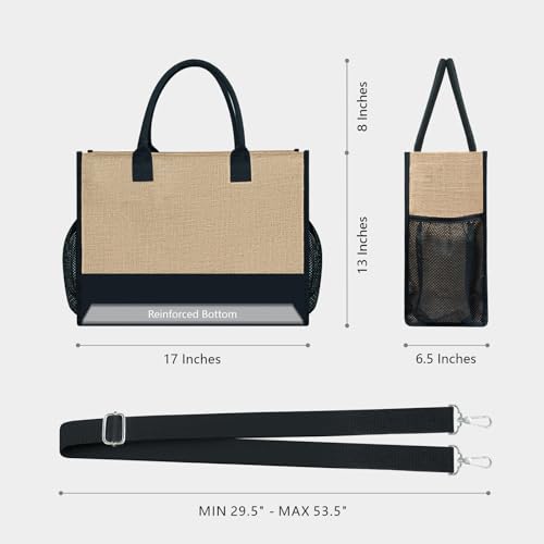 Personalized Initial Jute Tote Bag with 5 Pockets (Black/Brown - Wreath J)