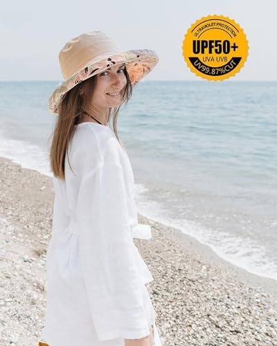 Womens Sun Hats Wide Brim Reversible Bucket Cotton Hat Packable Summer Travel Cap with Hat Clip (Medium / Beige)