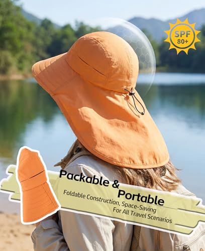 UPF 80+ Sun Hat for Men Women Wide Brim Sun Hat with Neck Flap Summer Beach UV Protection Gardening Fishing Hat (Muskmelon Orange)