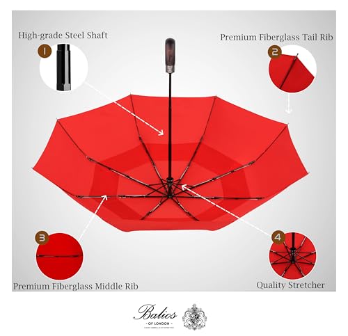 Folding Umbrella Real Wood Handle Auto Open Close Vibrant Red (Vibrant Red)