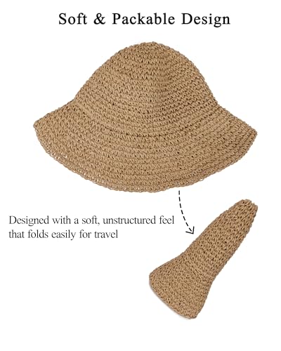 Womens Crochet Straw Sun Hat Foldable Floppy Wide Brim Beach Hat for Summer (One Size / Khaki)