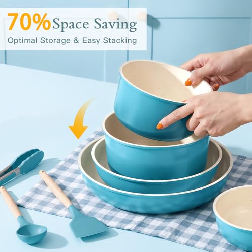 21PCS Pots and Pans Set Nonstick Cookware Set with Detachable Handle (Light Blue Gradient / 21PCS)