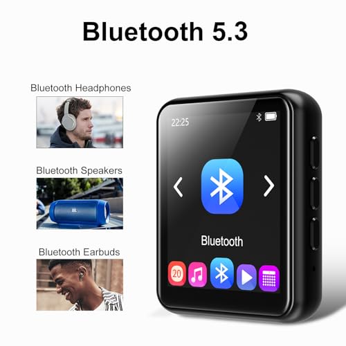 64GB MP3 Player Bluetooth 5.3 Touch Screen Music Player Portable mp3 Player with Speakers high Fidelity Lossless Sound Quality mp3 FM Radio Recording e (Black)