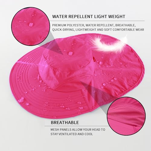 Outdoor UPF50+ Sun Hat Wide Brim Mesh Fishing Hat with Neck Flap Beach Hat Large Brim Safari Hat (Large-X-Large / Rose Red)