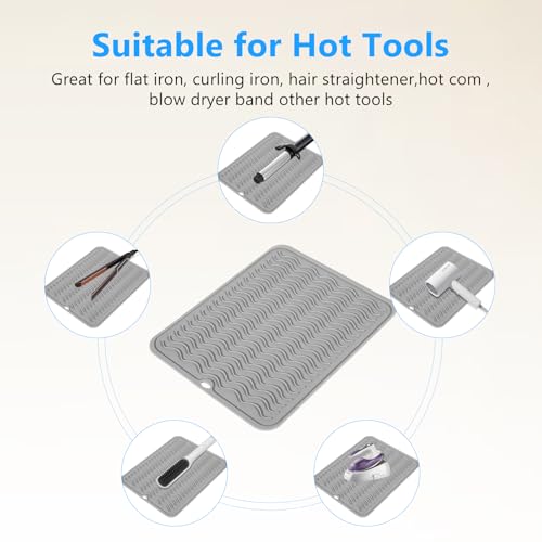 Heat Resistant Mat Oversize Curling Iron Mat Silicone Hot Hair Tools Mat for Hair Straightener (Gray)