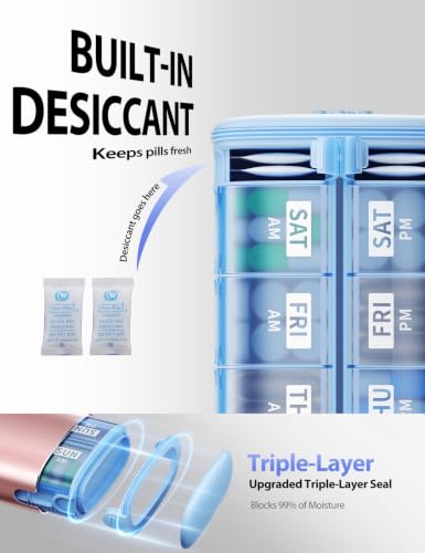 Large Metal AM PM Pill Organizer 7 Day (Rose Gold / Large - 26% More Capacity)