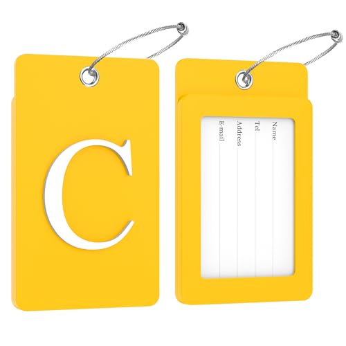 2 Pack Initial Luggage Tags for Suitcases Airplane Travel Essentials (Large C / Yellow)
