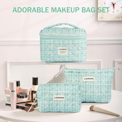 Makeup Bag 3 PCS Quilted Cosmetic Bags for Women (Green)
