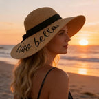 Big Straw Sun Hats for Women Floppy Foldable Roll up Beach Cap Sun Hat UPF 50+ Vacation Honeymoon Embroidered Hat (Ae Ciao Bella: Khaki)