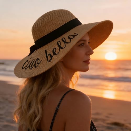 Big Straw Sun Hats for Women Floppy Foldable Roll up Beach Cap Sun Hat UPF 50+ Vacation Honeymoon Embroidered Hat (Ae Ciao Bella: Khaki)