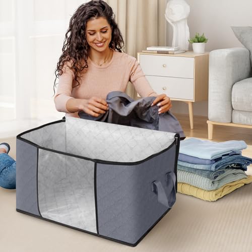 4 Pack Storage Bags for Clothes Blanket Storage Bins with Lids (4 Pack-60l / Grey)