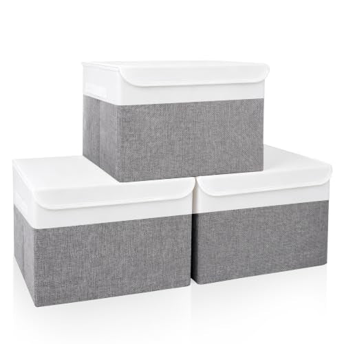 Large 17" 42 Quarts Collapsible Stackable Storage Bins with Lids [3 (Gray & White / Large - 3 Pack)