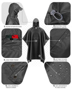 Hooded Rain Poncho Packable Waterproof Unisex Raincoat with Pocket (Large / Black)
