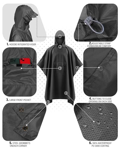 Hooded Rain Poncho Packable Waterproof Unisex Raincoat with Pocket (XX-Large / Black)