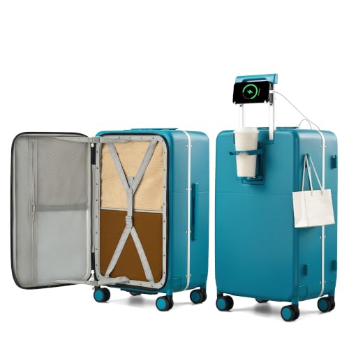 24 Inch Top Opening Checked Luggage with Cup Holder and USB Ports (Caribbean Blue / 24 Inch Pro)