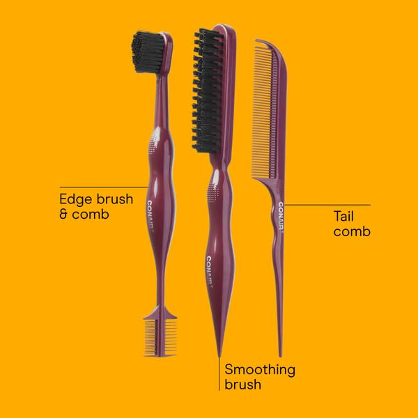 Conair Slick Back Tail Comb Set, 3-Pack with Fine Tooth Tail Comb, Edge Brush, and Smoothing Brush for Teasing, Parting, and Smoothing Sleek Hair Styles, Control Hair Flyaways