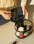 Travel Makeup Bag Clear Compact Make Up Vanity Case with Brush Storage and Top Handle (Black / Train Case)