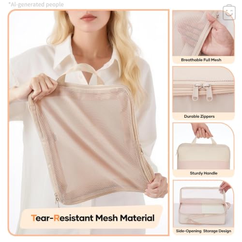 6/9/11 Set Compression Packing Cubes for Travel Essentials,Compressible Expandable Large Luggage Suitcase Organizer Bags for Clothing,Space Saver Bags with Over 1000 pcs of Mesh Holes(Beige) (Beige / 6 set)