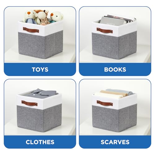 Foldable Fabric Storage Bins with Lids (10.5×10.5×10.5 / White&Grey)