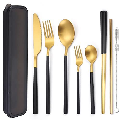 6 Pieces Stainless Steel Flatware Set Portable Reusable Cutlery Set Travel Utensils Set Including Chopsticks Knife Fork Spoon Straws Cleaning Brush Dishwasher Safe (B-Black golden)