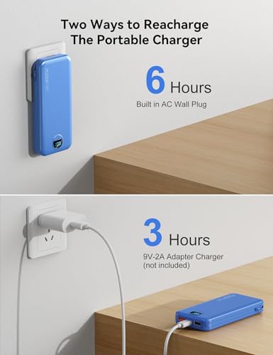 Portable Charger Power Bank 10000mAh with Built in Cables & Wall Plug (Steel Blue)