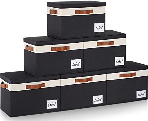 Fabric Storage Bins with Lids 6 Pack (Large-6 Pack / Black with White)