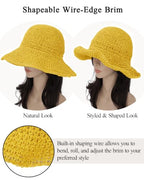 Womens Crochet Straw Sun Hat Foldable Floppy Wide Brim Beach Hat for Summer (One Size / Yellow)